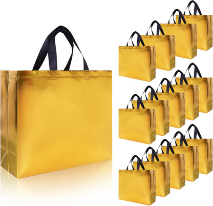 15 Pcs Glossy Yellow Gold Reusable Gift Bags Bulk, 12.6 x 4.7 x 11 In Holiday Party Bags with Handles & Sturdy Bases, Ideal Goodie Bag for Birthday, Wedding, Xmas, Thanksgiving