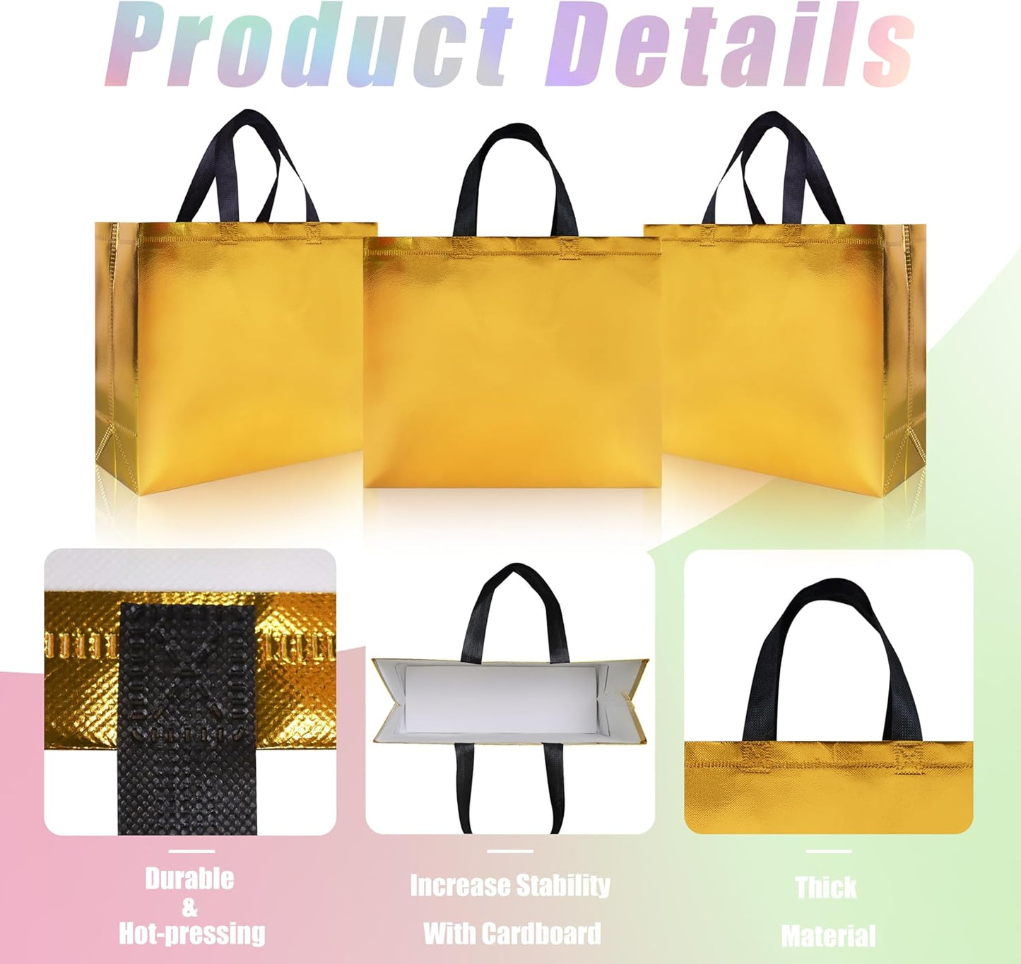 15 Pcs Glossy Yellow Gold Reusable Gift Bags Bulk, 12.6 x 4.7 x 11 In Holiday Party Bags with Handles & Sturdy Bases, Ideal Goodie Bag for Birthday, Wedding, Xmas, Thanksgiving