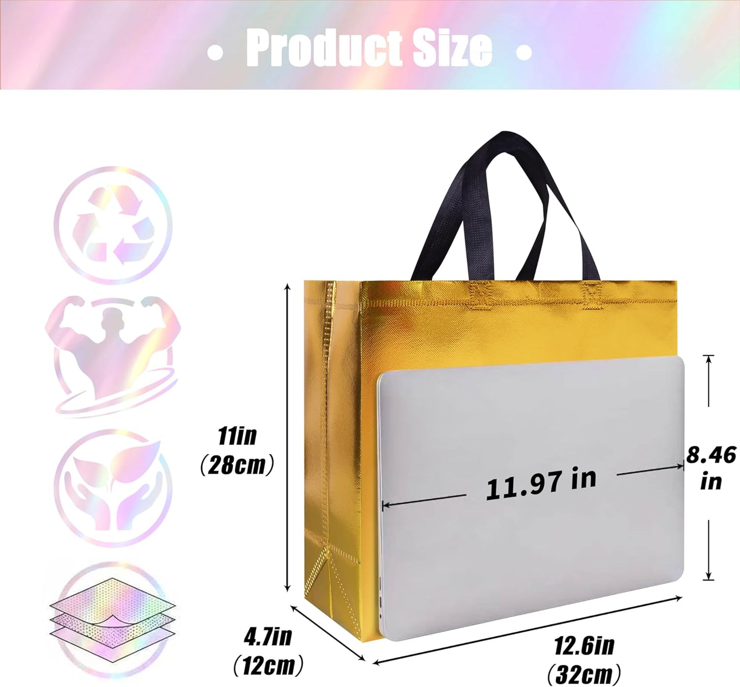 15 Pcs Glossy Yellow Gold Reusable Gift Bags Bulk, 12.6 x 4.7 x 11 In Holiday Party Bags with Handles & Sturdy Bases, Ideal Goodie Bag for Birthday, Wedding, Xmas, Thanksgiving