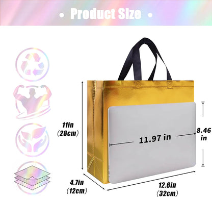 15 Pcs Glossy Yellow Gold Reusable Gift Bags Bulk, 12.6 x 4.7 x 11 In Holiday Party Bags with Handles & Sturdy Bases, Ideal Goodie Bag for Birthday, Wedding, Xmas, Thanksgiving