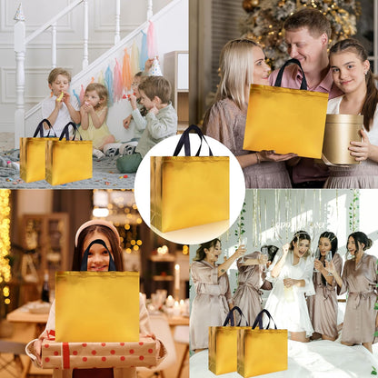 15 Pcs Glossy Yellow Gold Reusable Gift Bags Bulk, 12.6 x 4.7 x 11 In Holiday Party Bags with Handles & Sturdy Bases, Ideal Goodie Bag for Birthday, Wedding, Xmas, Thanksgiving