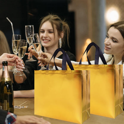 15 Pcs Glossy Yellow Gold Reusable Gift Bags Bulk, 12.6 x 4.7 x 11 In Holiday Party Bags with Handles & Sturdy Bases, Ideal Goodie Bag for Birthday, Wedding, Xmas, Thanksgiving