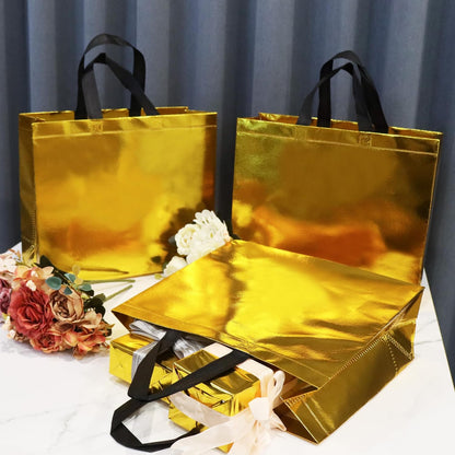15 Pcs Glossy Yellow Gold Reusable Gift Bags Bulk, 12.6 x 4.7 x 11 In Holiday Party Bags with Handles & Sturdy Bases, Ideal Goodie Bag for Birthday, Wedding, Xmas, Thanksgiving