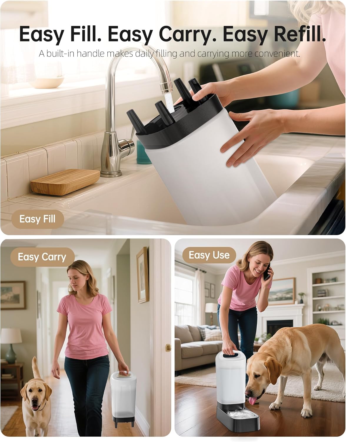 Automatic Dog Water Bowl Dispenser - 2.4 Gallon Gravity Pet Water Dispenser with 304 Stainless Steel Bowl, Dog Auto Feeders Bowls Self Waterer, Easy-Carry Handle for Large Dogs & Cats, Multi-Pet Home