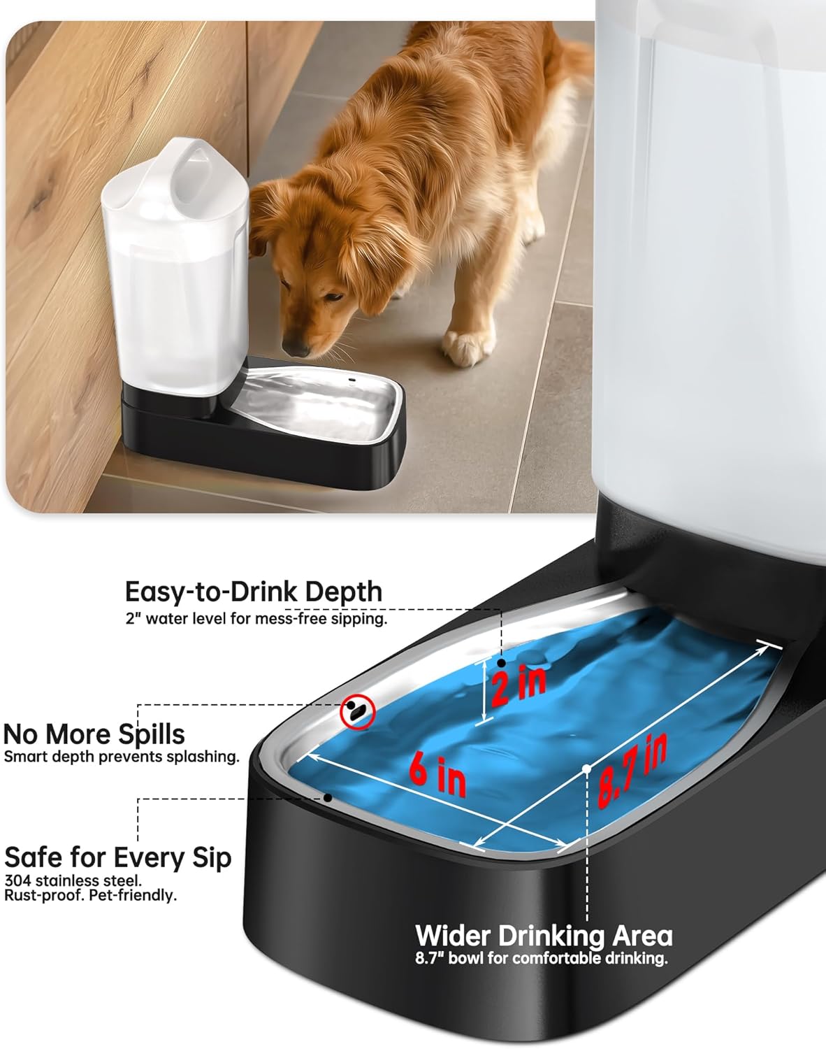 Automatic Dog Water Bowl Dispenser - 2.4 Gallon Gravity Pet Water Dispenser with 304 Stainless Steel Bowl, Dog Auto Feeders Bowls Self Waterer, Easy-Carry Handle for Large Dogs & Cats, Multi-Pet Home