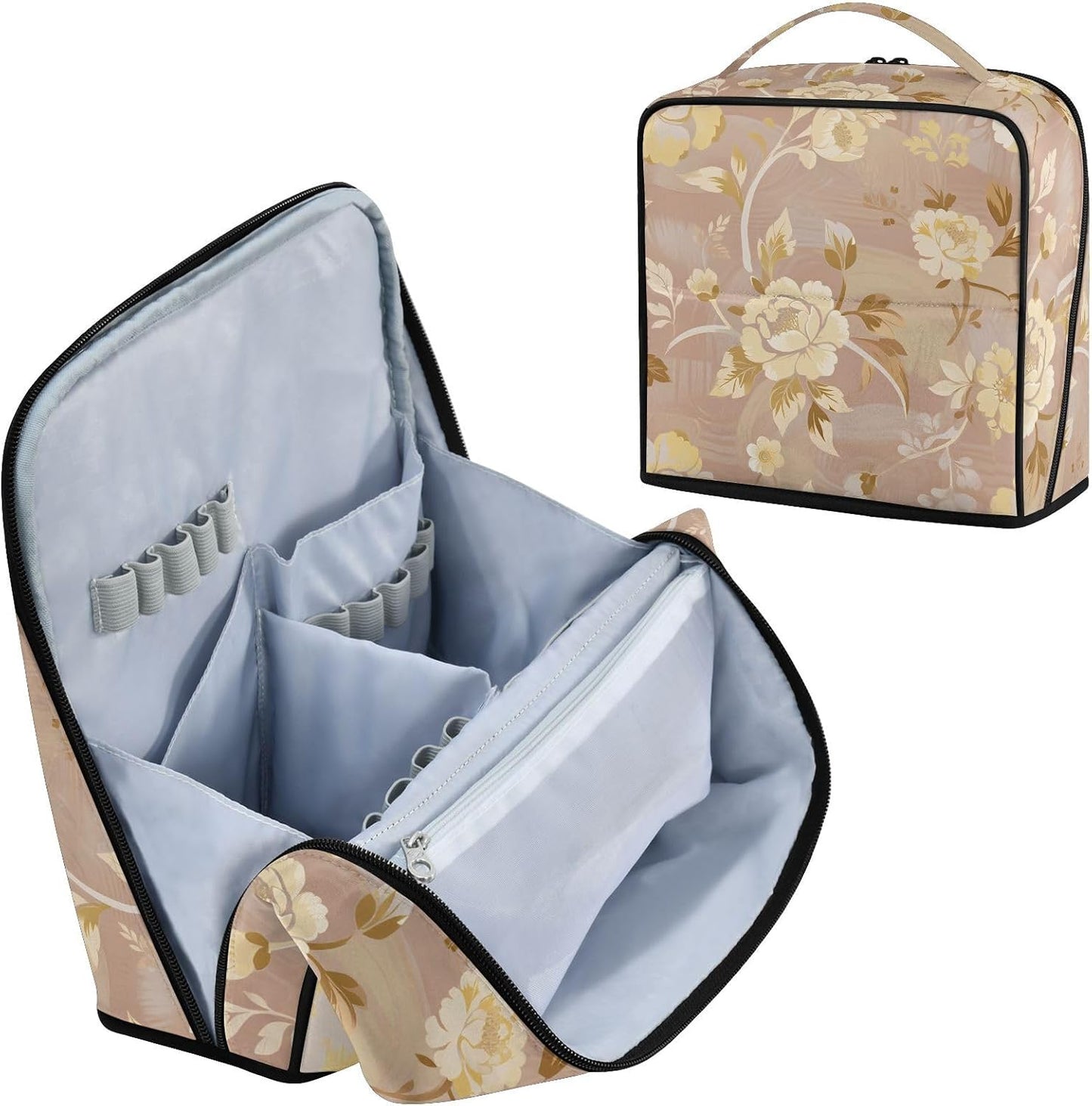 Makeup Bags with dividers Light Yellow Peony Pink Designed | Waterproof,Large Make Up Bag,Phone/Mirror Holder