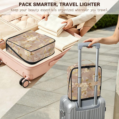 Makeup Bags with dividers Light Yellow Peony Pink Designed | Waterproof,Large Make Up Bag,Phone/Mirror Holder