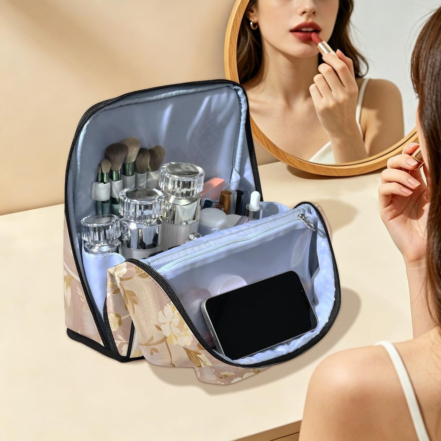 Makeup Bags with dividers Light Yellow Peony Pink Designed | Waterproof,Large Make Up Bag,Phone/Mirror Holder
