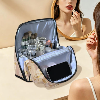 Makeup Bags with dividers Light Yellow Peony Pink Designed | Waterproof,Large Make Up Bag,Phone/Mirror Holder