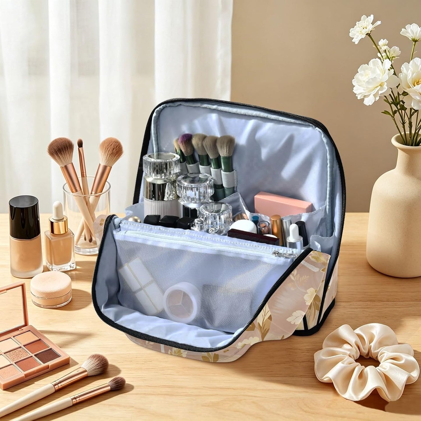 Makeup Bags with dividers Light Yellow Peony Pink Designed | Waterproof,Large Make Up Bag,Phone/Mirror Holder