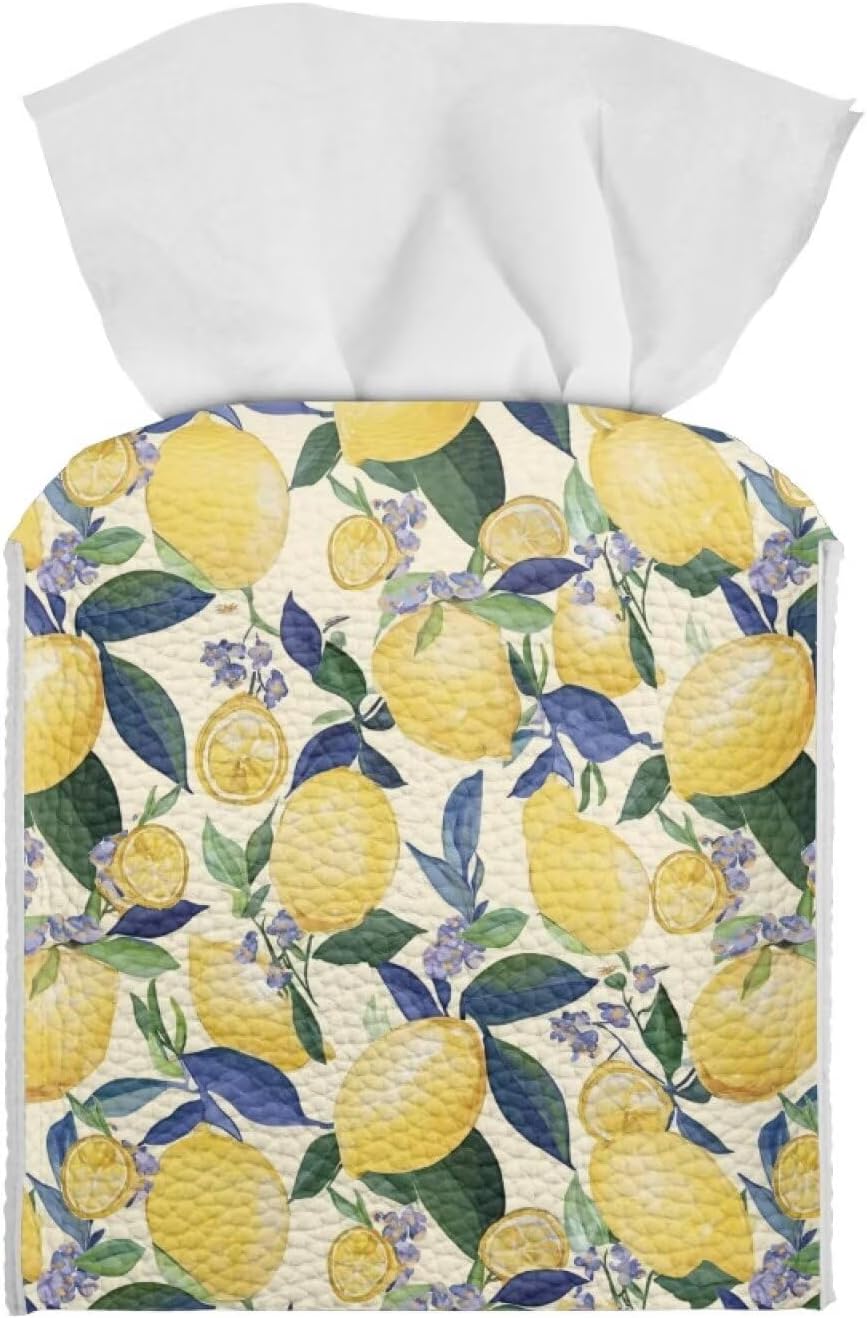 Lemon Facial Paper Organizer Home Decorations Waterproof Reusable PU Leather Tissue Box Holder Rectangular Universal Fit Most Size Easy to Clean