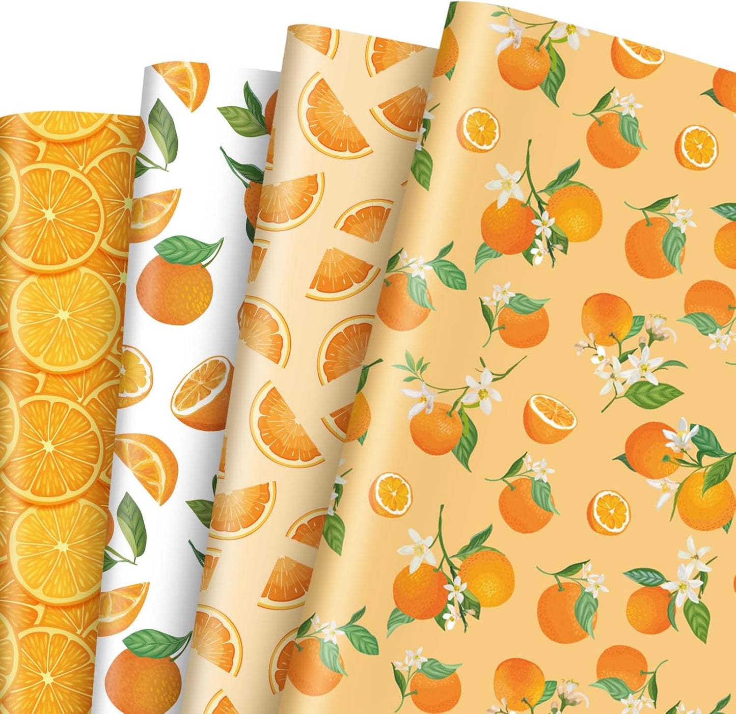 12 Sheet Fruit Wrapping Paper 4 Design Summer Watercolor Orange Folded Flat Gift Wrap Sheets Citrus Art Paper for Birthday Baby Shower Fruit Party Gift Packing DIY Craft, 19.7 x 27.6 Inch