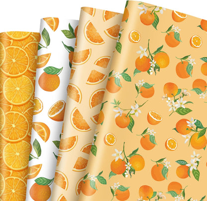 12 Sheet Fruit Wrapping Paper 4 Design Summer Watercolor Orange Folded Flat Gift Wrap Sheets Citrus Art Paper for Birthday Baby Shower Fruit Party Gift Packing DIY Craft, 19.7 x 27.6 Inch