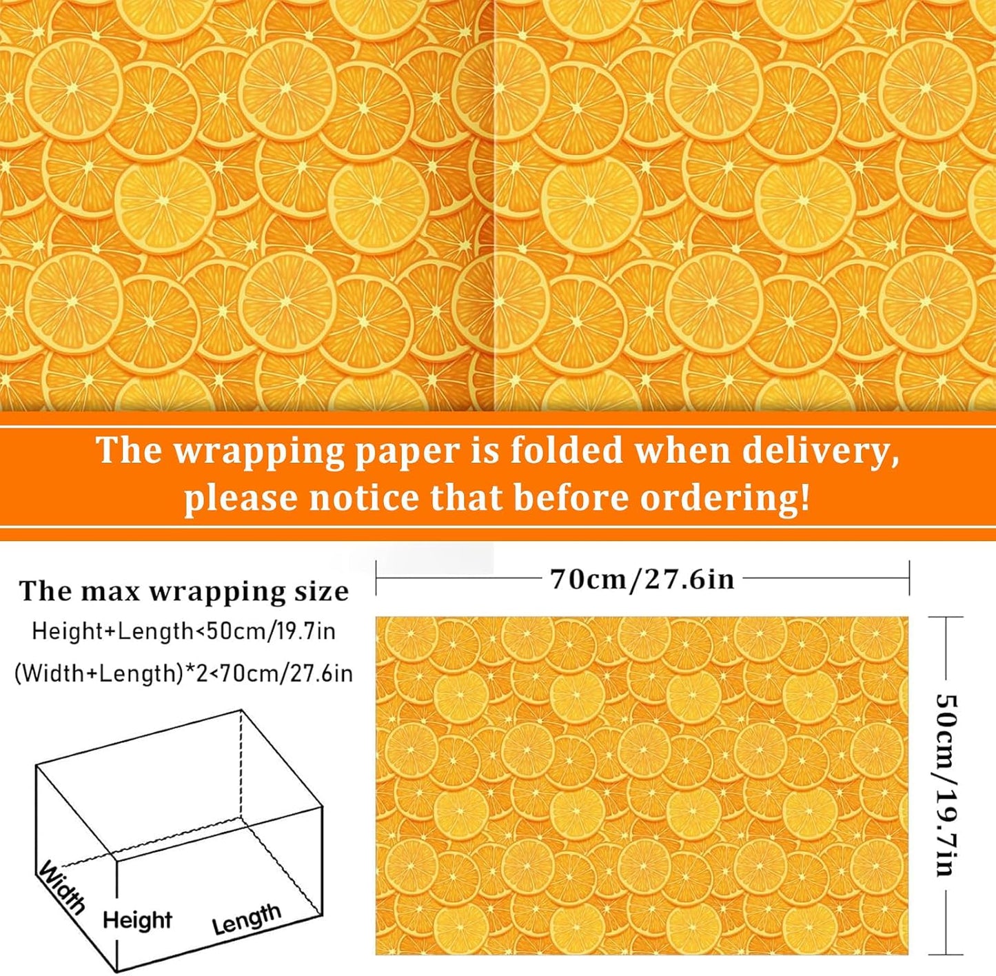 12 Sheet Fruit Wrapping Paper 4 Design Summer Watercolor Orange Folded Flat Gift Wrap Sheets Citrus Art Paper for Birthday Baby Shower Fruit Party Gift Packing DIY Craft, 19.7 x 27.6 Inch