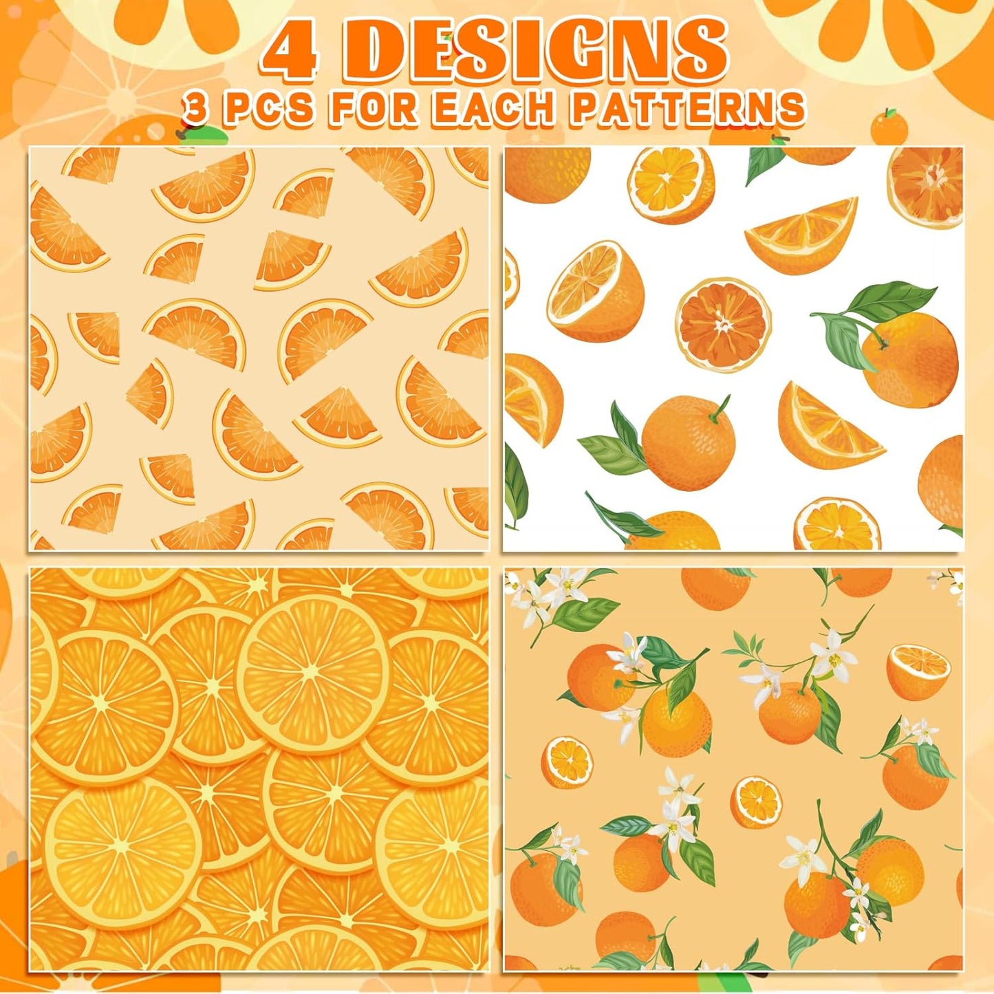 12 Sheet Fruit Wrapping Paper 4 Design Summer Watercolor Orange Folded Flat Gift Wrap Sheets Citrus Art Paper for Birthday Baby Shower Fruit Party Gift Packing DIY Craft, 19.7 x 27.6 Inch