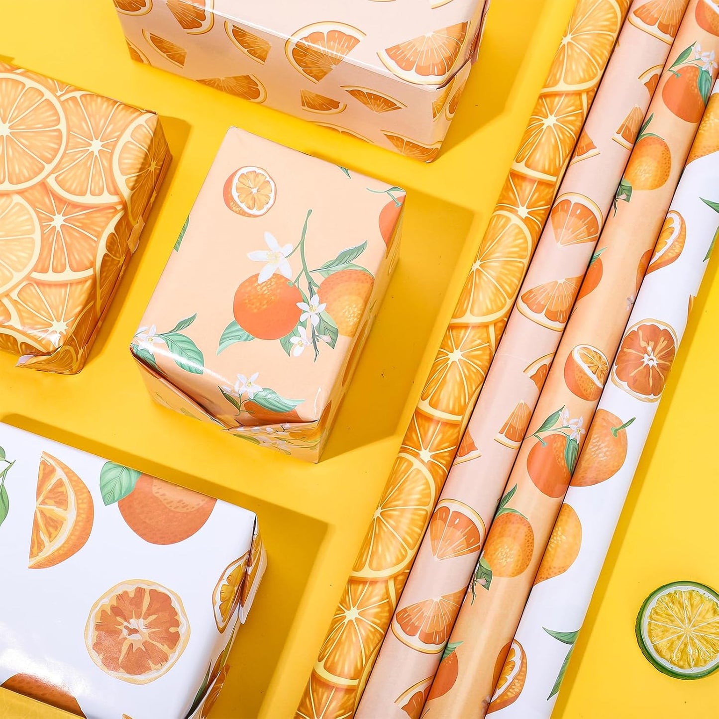 12 Sheet Fruit Wrapping Paper 4 Design Summer Watercolor Orange Folded Flat Gift Wrap Sheets Citrus Art Paper for Birthday Baby Shower Fruit Party Gift Packing DIY Craft, 19.7 x 27.6 Inch