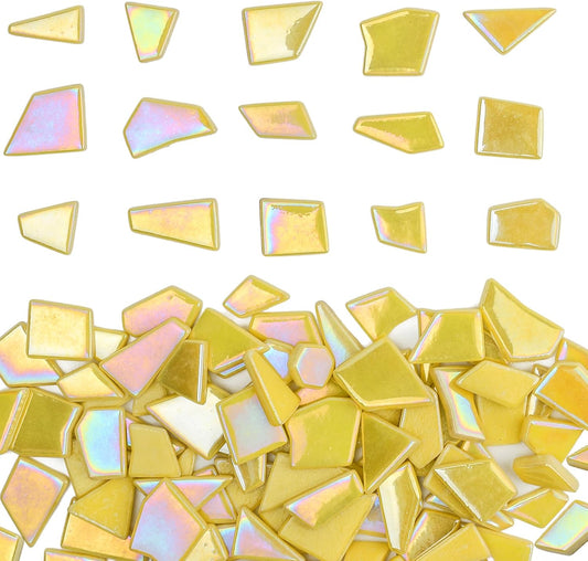 Iridescent Glass Mosaic Tiles for Crafts Bulk,200g Yellow Broken Mosaic Glass Pieces for Garden Crafts Kits,DIY Mosaic Art Decor
