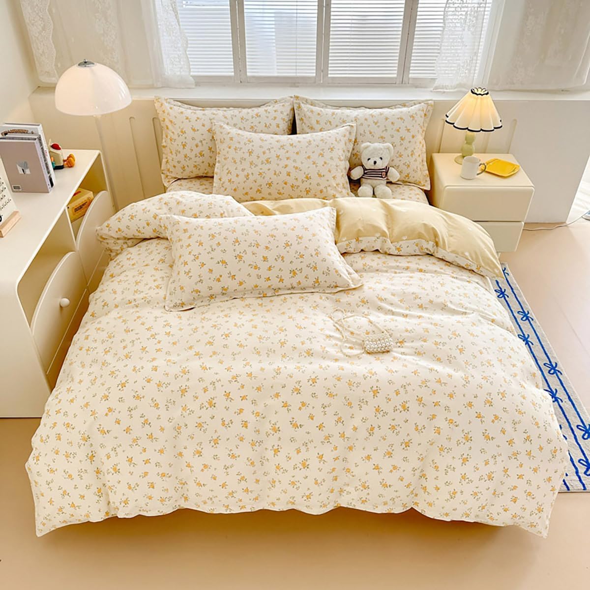 Yellow Comforter Set Full Size - Floral Quilt Bedding Set 3 Pieces, Comforter Set Full, Soft & Lightweight Comforter(79‘’ x 90‘’) for Girl All Season & 2 Pillowcases(30‘’x20‘’)