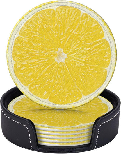 Set of 6 Lemon Slice Coaster - Stylish and Durable Non-Slip Drink Leather Coasters for Home Office or Bar