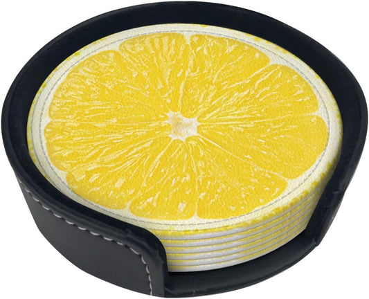 Set of 6 Lemon Slice Coaster - Stylish and Durable Non-Slip Drink Leather Coasters for Home Office or Bar