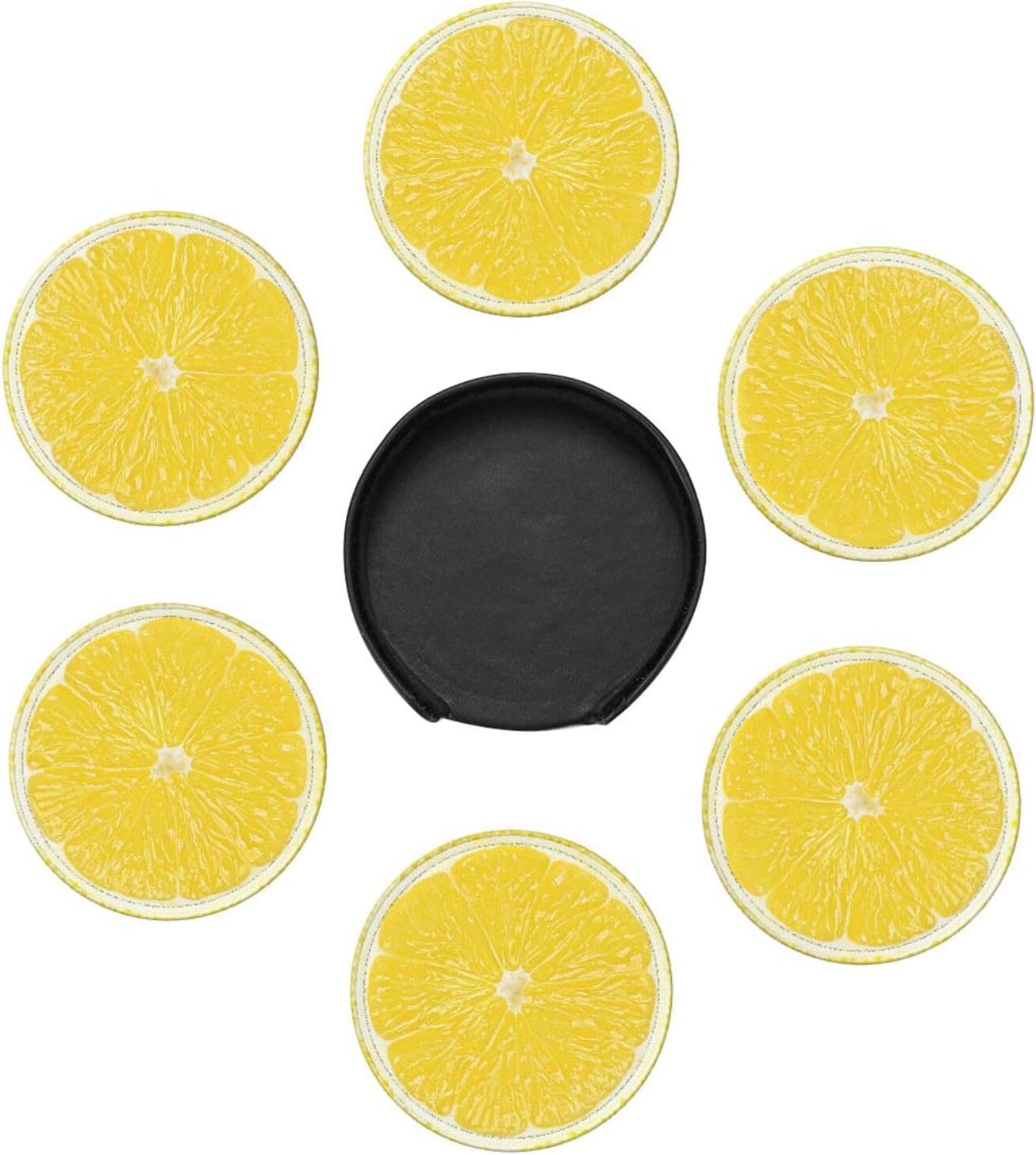 Set of 6 Lemon Slice Coaster - Stylish and Durable Non-Slip Drink Leather Coasters for Home Office or Bar