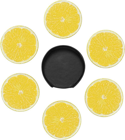 Set of 6 Lemon Slice Coaster - Stylish and Durable Non-Slip Drink Leather Coasters for Home Office or Bar