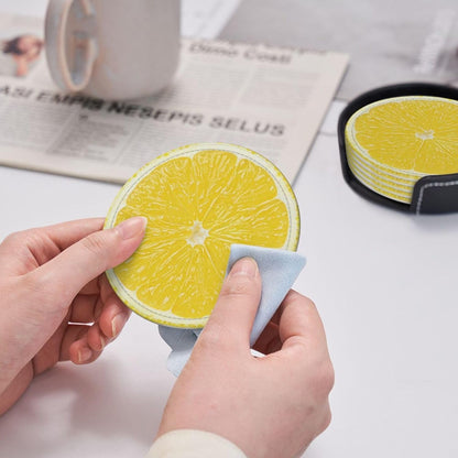 Set of 6 Lemon Slice Coaster - Stylish and Durable Non-Slip Drink Leather Coasters for Home Office or Bar
