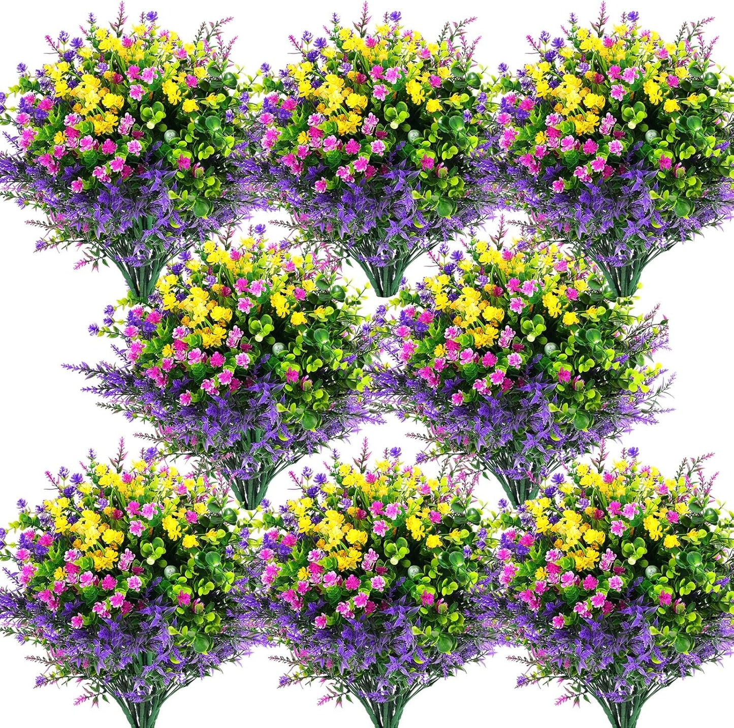 24 Pcs Artificial Flowers Outdoor, Faux Artificial Plants UV Resistant Plastic Flower Bulk for Hanging Planter Porch Window Home Wedding Summer Decor (24, Fuchsia, Purple, Yellow, Green)
