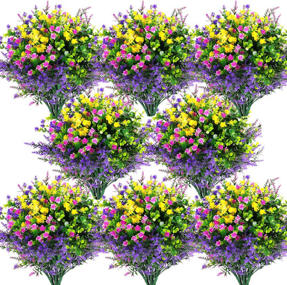 24 Pcs Artificial Flowers Outdoor, Faux Artificial Plants UV Resistant Plastic Flower Bulk for Hanging Planter Porch Window Home Wedding Summer Decor (24, Fuchsia, Purple, Yellow, Green)
