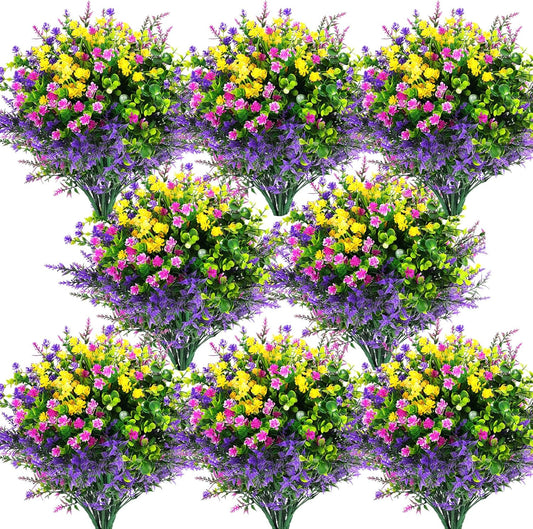 24 Pcs Artificial Flowers Outdoor, Faux Artificial Plants UV Resistant Plastic Flower Bulk for Hanging Planter Porch Window Home Wedding Summer Decor (24, Fuchsia, Purple, Yellow, Green)