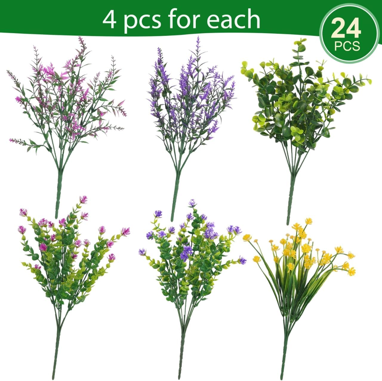 24 Pcs Artificial Flowers Outdoor, Faux Artificial Plants UV Resistant Plastic Flower Bulk for Hanging Planter Porch Window Home Wedding Summer Decor (24, Fuchsia, Purple, Yellow, Green)