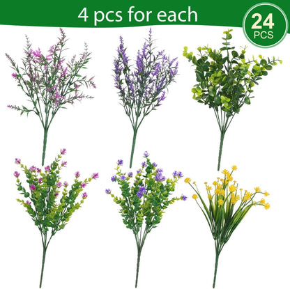 24 Pcs Artificial Flowers Outdoor, Faux Artificial Plants UV Resistant Plastic Flower Bulk for Hanging Planter Porch Window Home Wedding Summer Decor (24, Fuchsia, Purple, Yellow, Green)