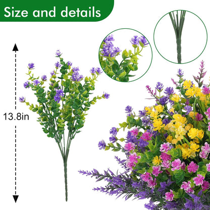 24 Pcs Artificial Flowers Outdoor, Faux Artificial Plants UV Resistant Plastic Flower Bulk for Hanging Planter Porch Window Home Wedding Summer Decor (24, Fuchsia, Purple, Yellow, Green)