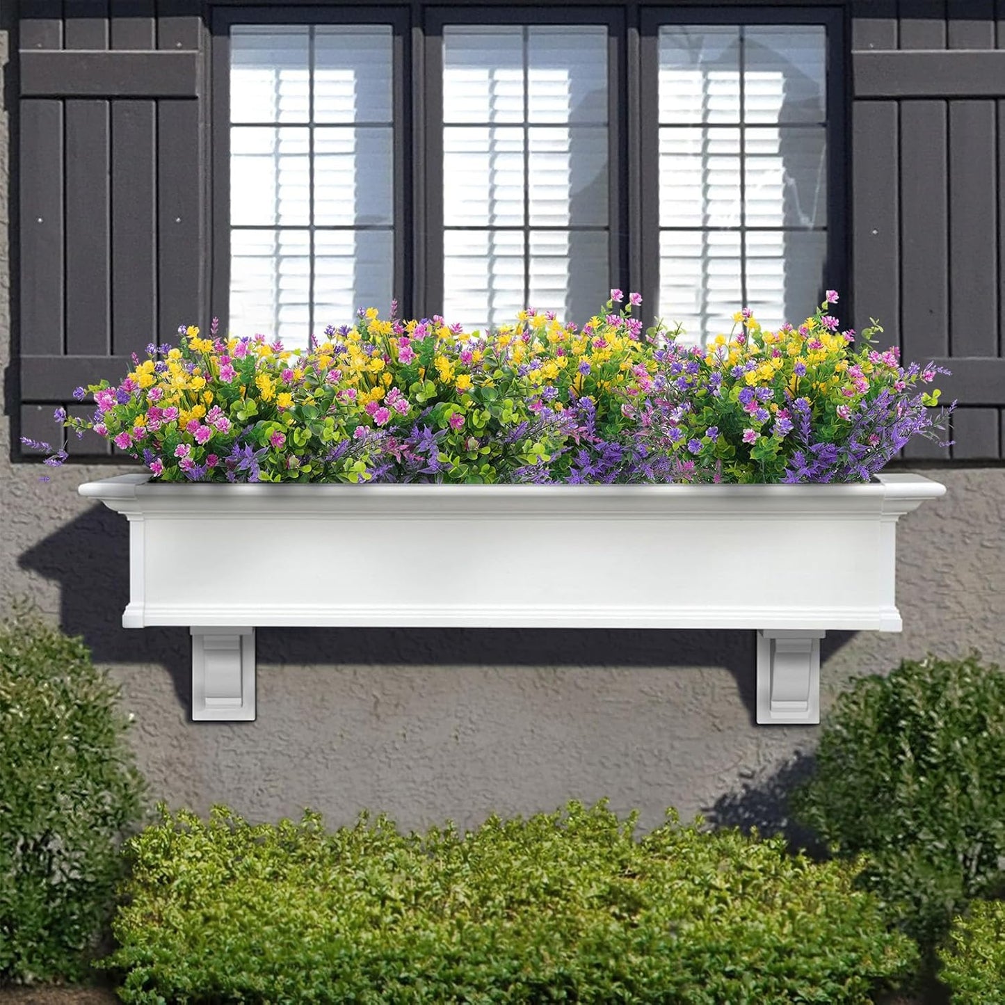 24 Pcs Artificial Flowers Outdoor, Faux Artificial Plants UV Resistant Plastic Flower Bulk for Hanging Planter Porch Window Home Wedding Summer Decor (24, Fuchsia, Purple, Yellow, Green)