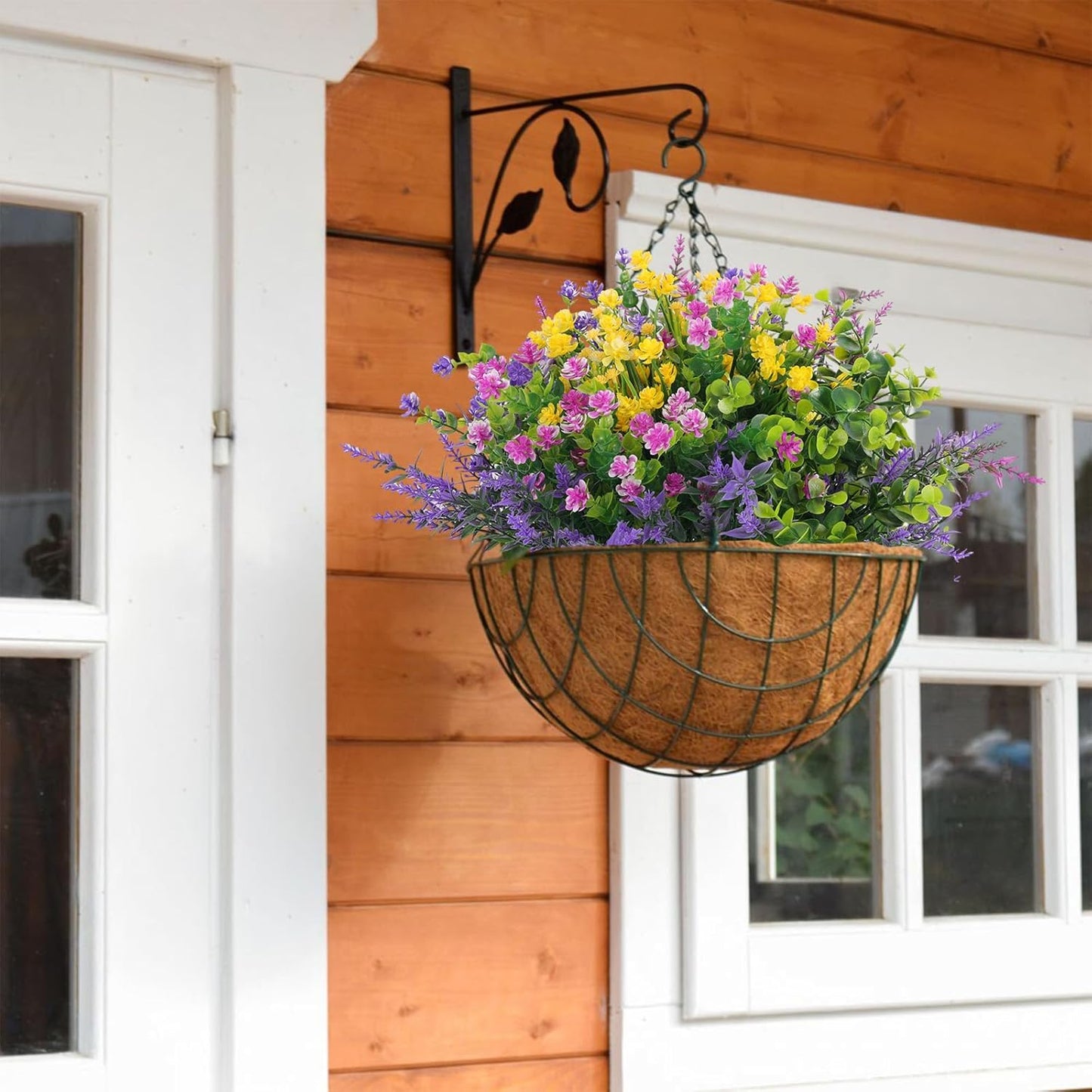 24 Pcs Artificial Flowers Outdoor, Faux Artificial Plants UV Resistant Plastic Flower Bulk for Hanging Planter Porch Window Home Wedding Summer Decor (24, Fuchsia, Purple, Yellow, Green)