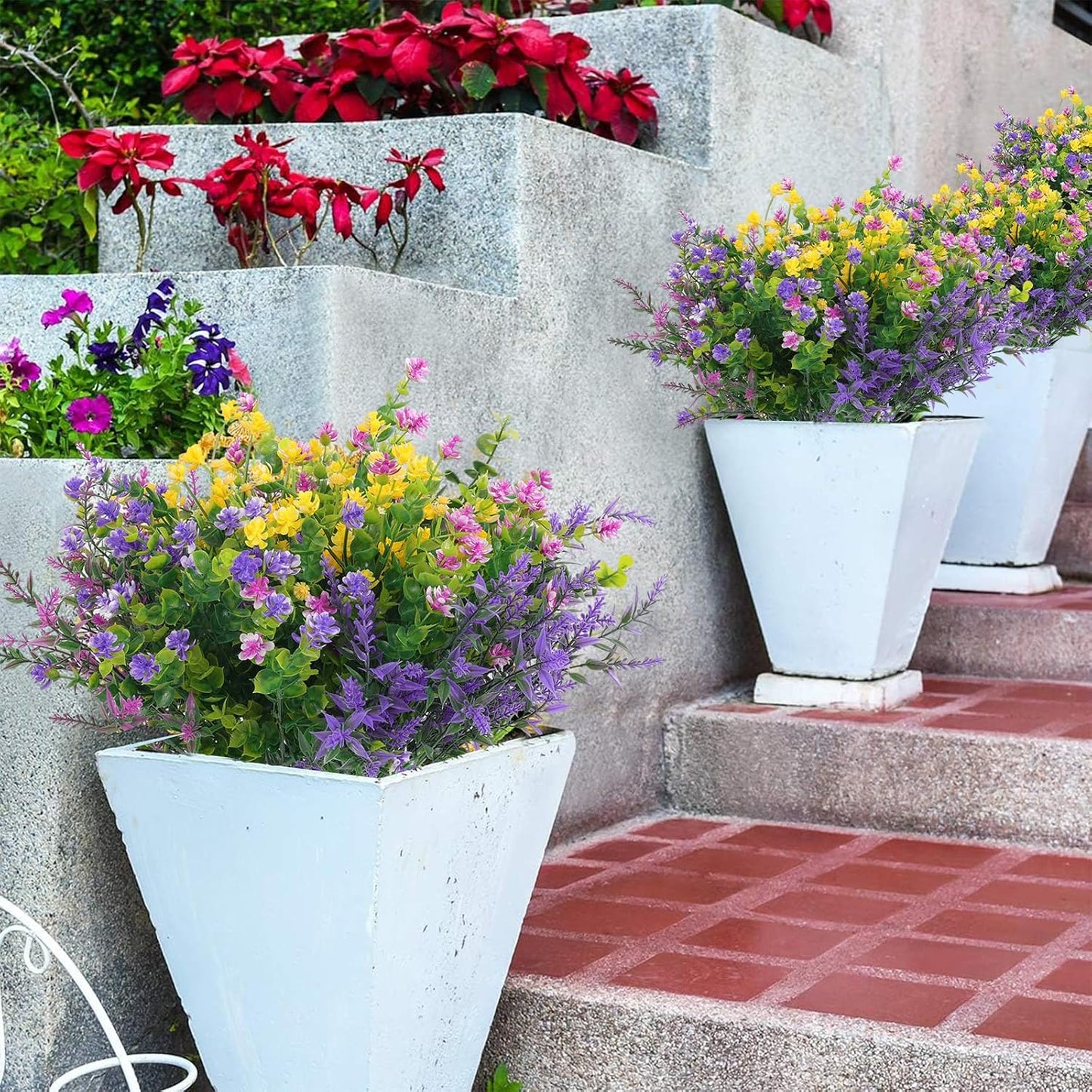 24 Pcs Artificial Flowers Outdoor, Faux Artificial Plants UV Resistant Plastic Flower Bulk for Hanging Planter Porch Window Home Wedding Summer Decor (24, Fuchsia, Purple, Yellow, Green)