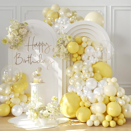 Yellow Balloon Arch Kit, 126Pcs Double Stuffed Pearl Yellow White Clear Balloons for Wedding Baby Shower Bridal Shower Engagement Birthday Party Decorations
