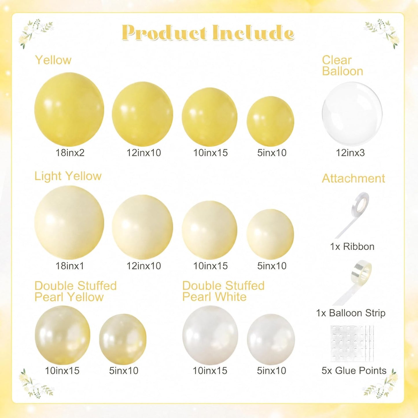 Yellow Balloon Arch Kit, 126Pcs Double Stuffed Pearl Yellow White Clear Balloons for Wedding Baby Shower Bridal Shower Engagement Birthday Party Decorations