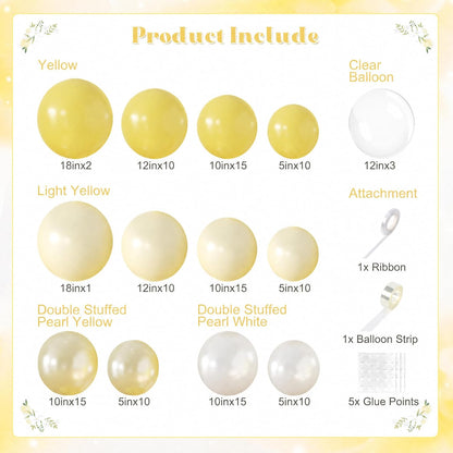 Yellow Balloon Arch Kit, 126Pcs Double Stuffed Pearl Yellow White Clear Balloons for Wedding Baby Shower Bridal Shower Engagement Birthday Party Decorations