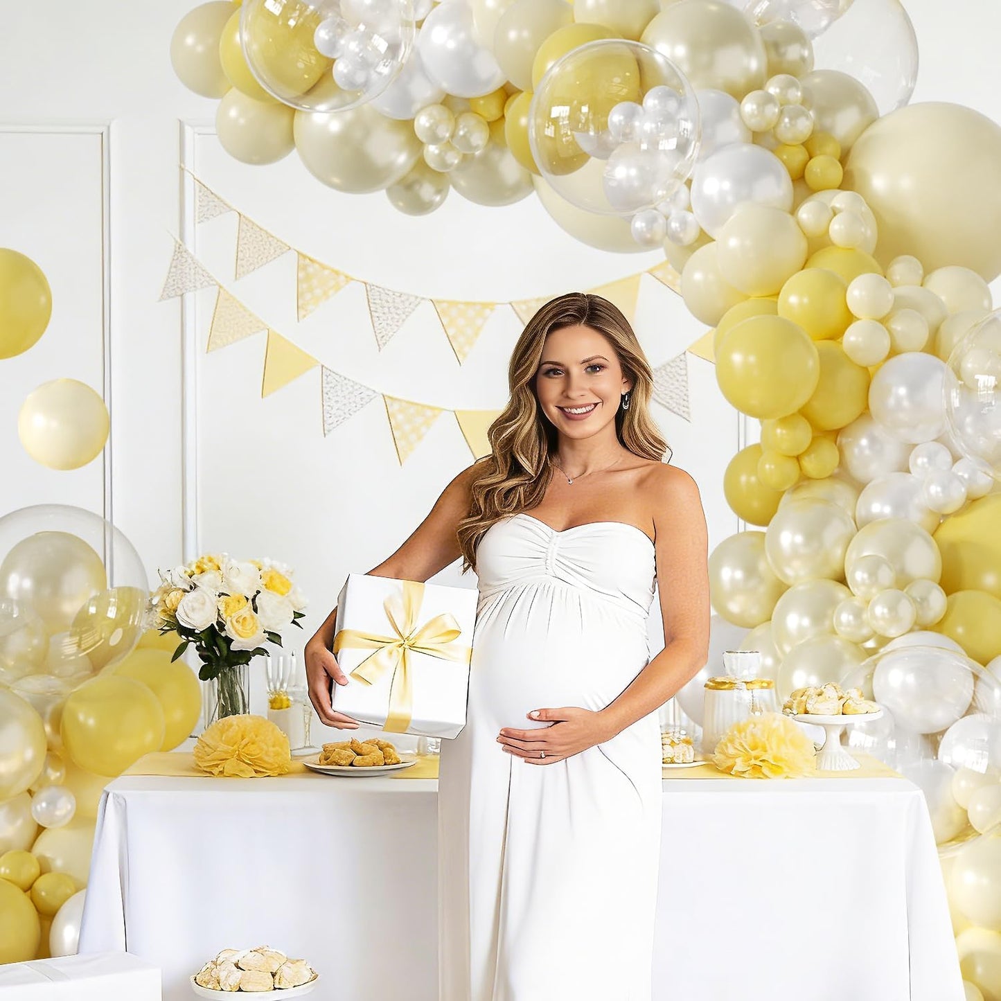 Yellow Balloon Arch Kit, 126Pcs Double Stuffed Pearl Yellow White Clear Balloons for Wedding Baby Shower Bridal Shower Engagement Birthday Party Decorations