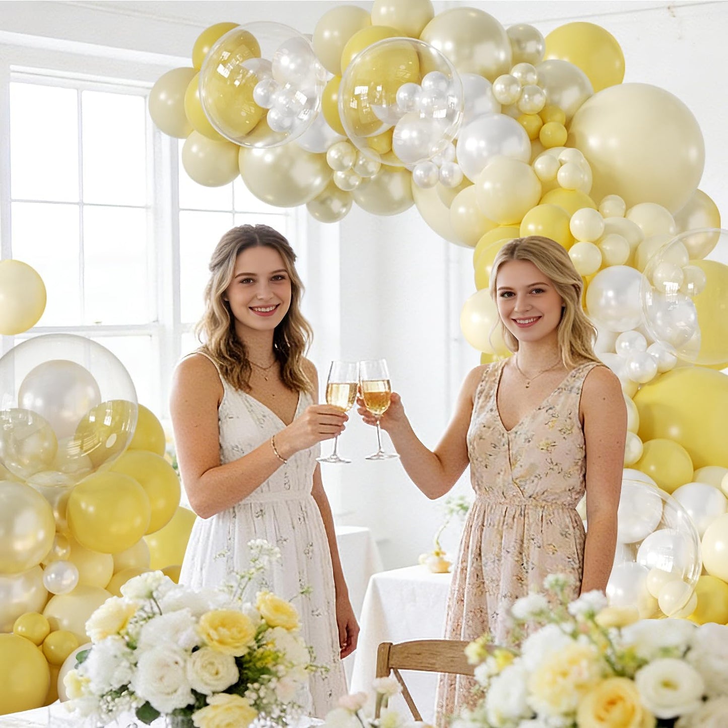 Yellow Balloon Arch Kit, 126Pcs Double Stuffed Pearl Yellow White Clear Balloons for Wedding Baby Shower Bridal Shower Engagement Birthday Party Decorations