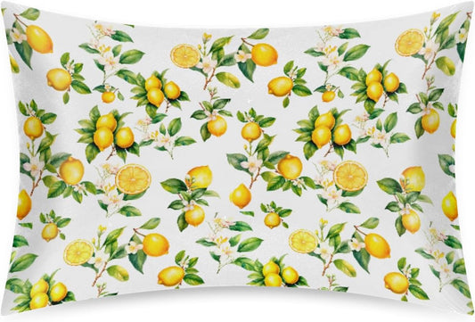 Lemon Satin Pillowcase for Hair and Skin Soft Silk Pillow Case Slip | Fruit Flower Yellow Cooling Pillow Cases with Envelope Closure Queen Size Pillow Cover for Women Men Kids Boys Girls 20x30