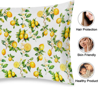 Lemon Satin Pillowcase for Hair and Skin Soft Silk Pillow Case Slip | Fruit Flower Yellow Cooling Pillow Cases with Envelope Closure Queen Size Pillow Cover for Women Men Kids Boys Girls 20x30
