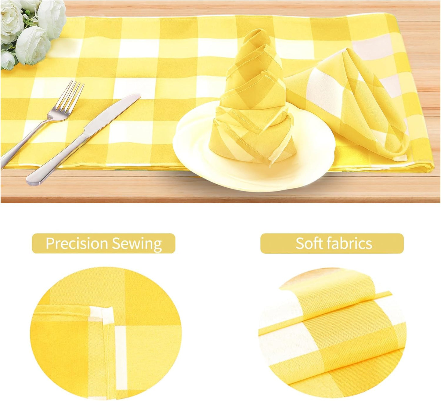 Buffalo Plaid Table Napkins Set of 12 Checkered Cloth Napkins 17x17 inch Washable Dinner Gingham Pattern Napkins Soft Napkins for Wedding Party Dining Banquet(Yellow and White)