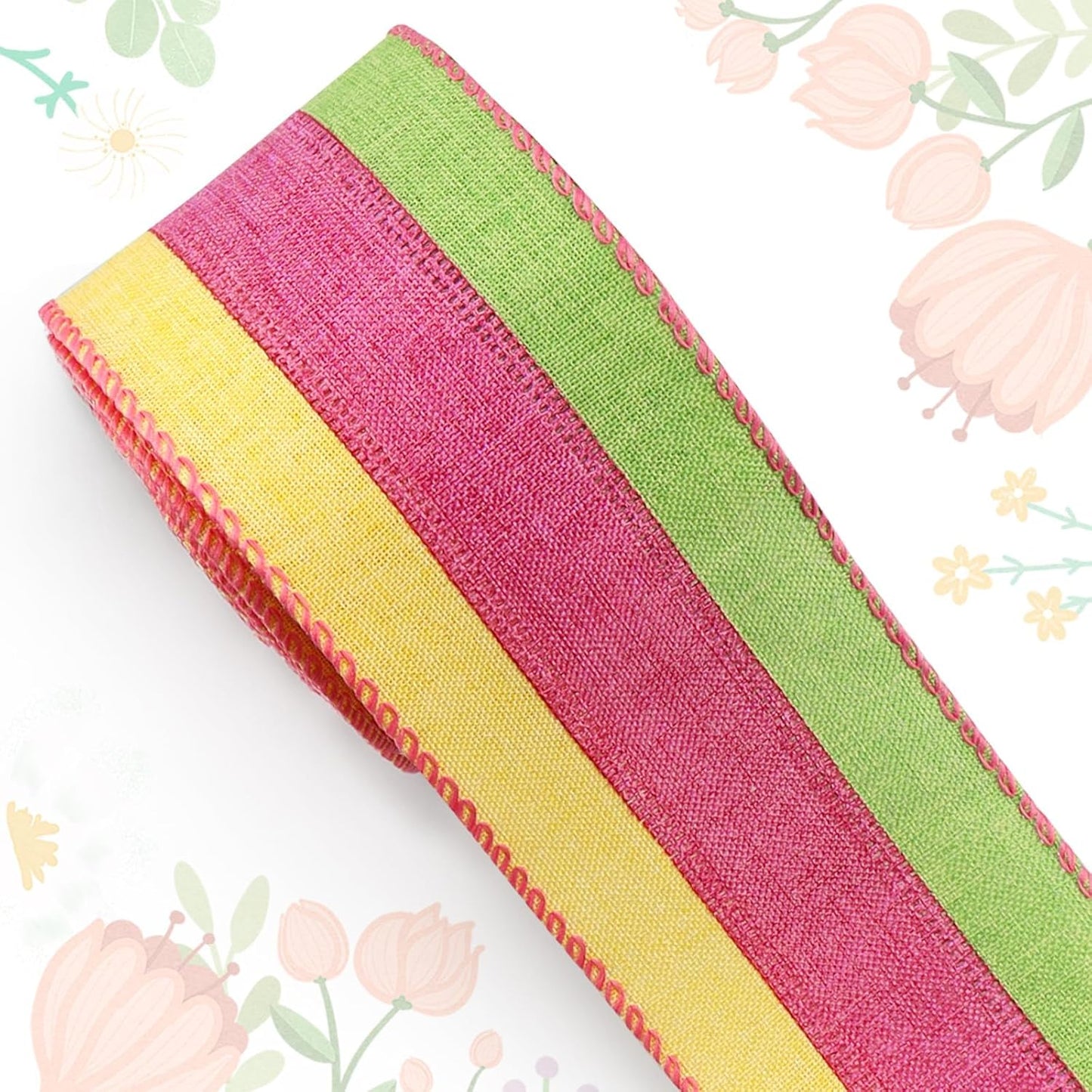 Spring Craft Ribbon for Wreath Bows, 2.5"10 Yards Wired Edge Pink Green Yellow Burlap Wedding Ribbon for Crafting Sewing DIY Crafts Supplies