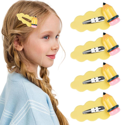 Back to School Pencil Hair Clip 4Pcs Yellow Pencil Snap Hair Clips Funny Student Teacher Hair Barrettes First Day of School Hair Accessories for Women Girls Welcome Back to School Party Favors