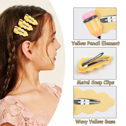Back to School Pencil Hair Clip 4Pcs Yellow Pencil Snap Hair Clips Funny Student Teacher Hair Barrettes First Day of School Hair Accessories for Women Girls Welcome Back to School Party Favors