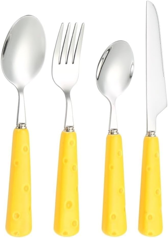 Light Luxury Cute Ceramic Cheese Handle Kitchen Stainless Steel Silverware Tableware Flatware Cutlery Set Steak Knife Fork Spoon Teaspoon (Yellow,4 pieces)