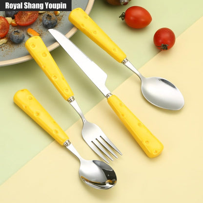 Light Luxury Cute Ceramic Cheese Handle Kitchen Stainless Steel Silverware Tableware Flatware Cutlery Set Steak Knife Fork Spoon Teaspoon (Yellow,4 pieces)