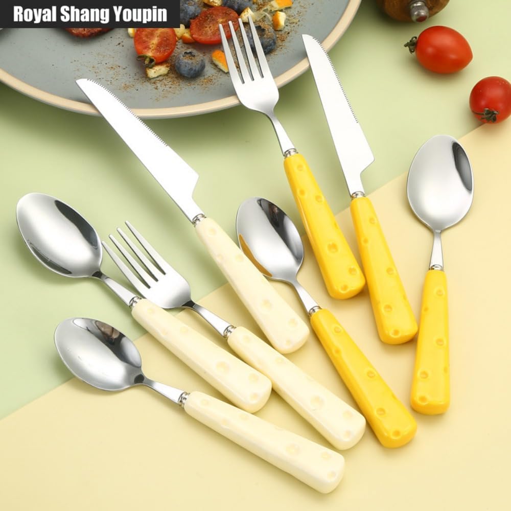 Light Luxury Cute Ceramic Cheese Handle Kitchen Stainless Steel Silverware Tableware Flatware Cutlery Set Steak Knife Fork Spoon Teaspoon (Yellow,4 pieces)